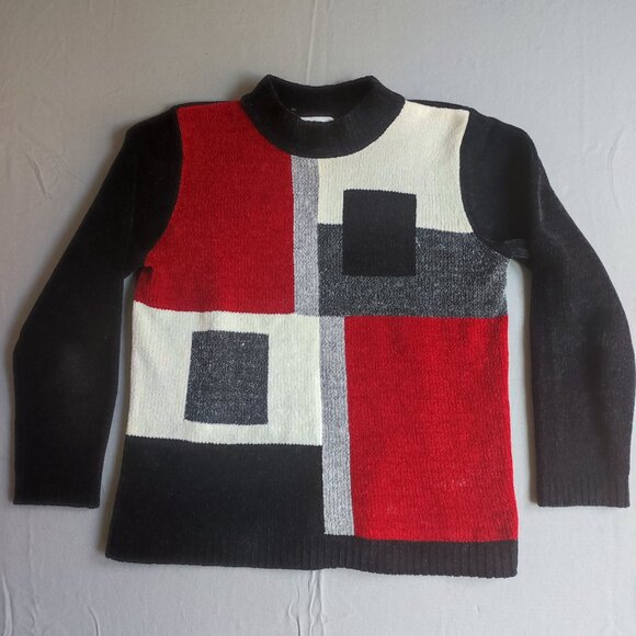 Alfred Dunner Petite crew neck knitted sweater women's size M black geo pattern - Picture 1 of 7